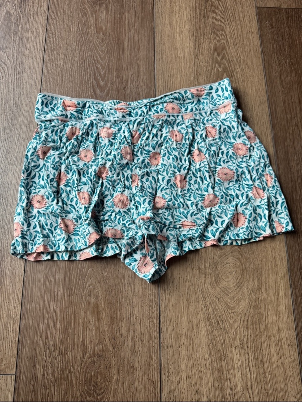 Forever 21 Aqua Floral Ruffle Waist Shorts with Peach Blooms